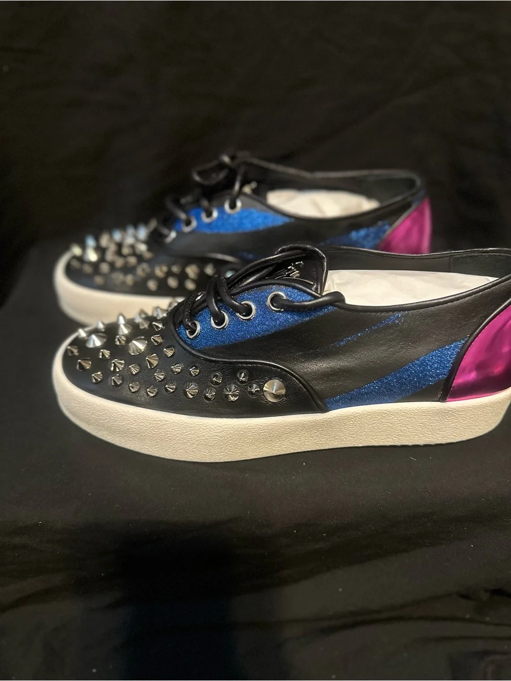 Giuseppe Zanotti Black Leather Sneakers with Blue Glitter and Pink Heel